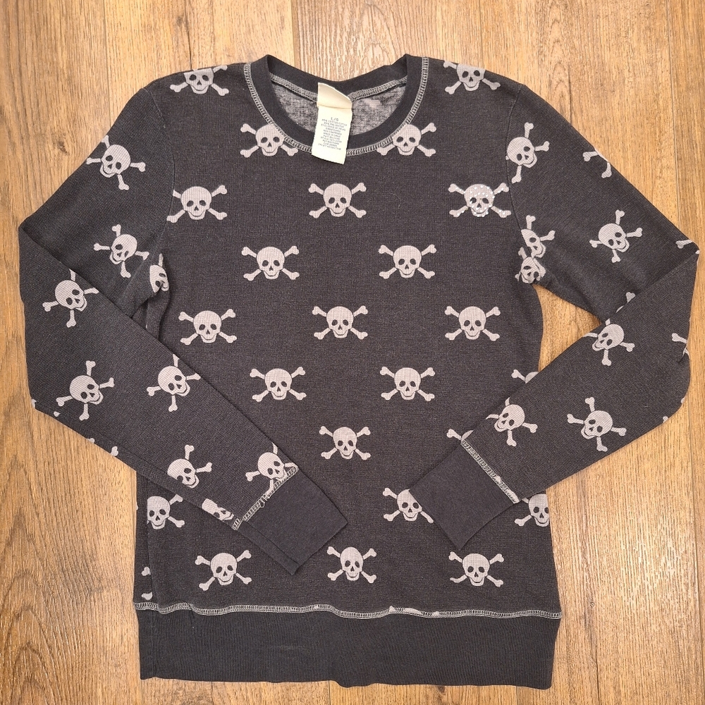 Skull Print Long Sleeve Tee - Black
